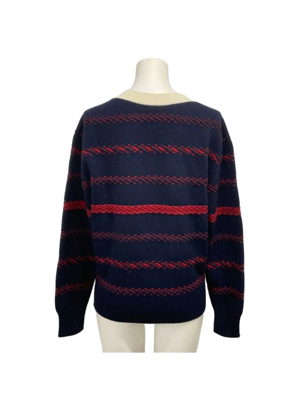 Chanel Long Sleeve Sweater S White Navy Red Cashmere